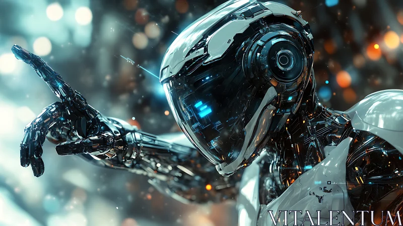 Humanoid robot extends articulated arm in blurred urban setting