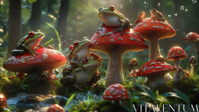 High-detail 3D tree frogs perched on sunlit fly agaric mushrooms