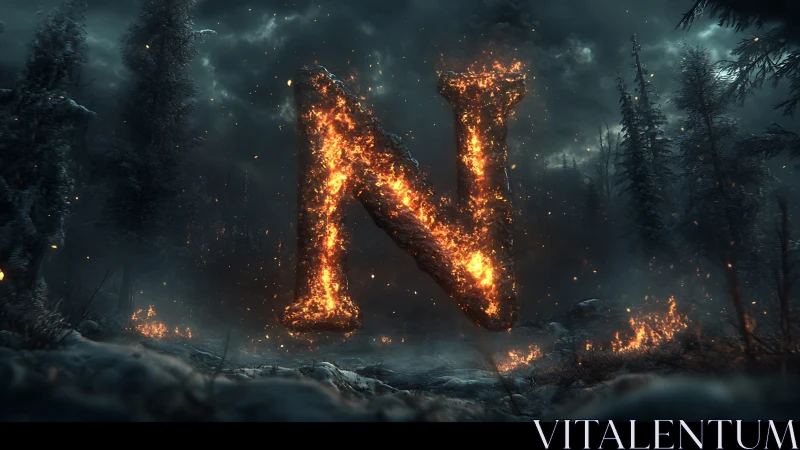 Incandescent Letter N in Post-Apocalyptic Forest Setting with Dynamic Particle Effects