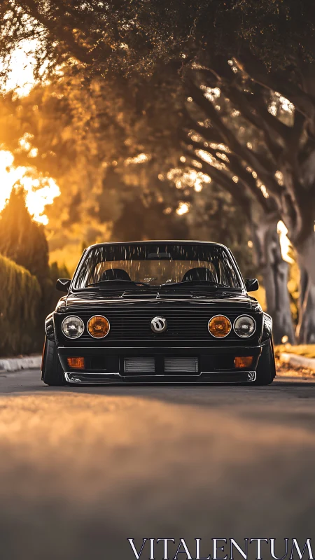 Golden hour street scene with a low-slung classic car.