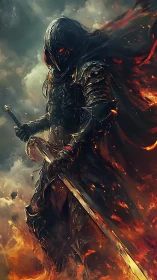 Dark knight in ember-lit armor, high-contrast fantasy rendering.