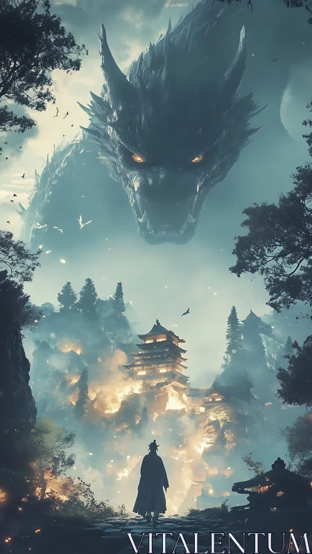 Storm-eyed dragon looms above burning mountain temple citadel.