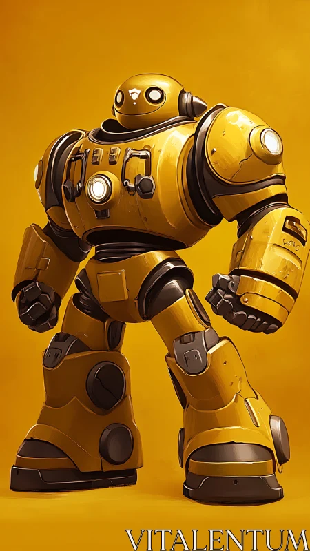 Yellow armored robot stands on solid monochrome background