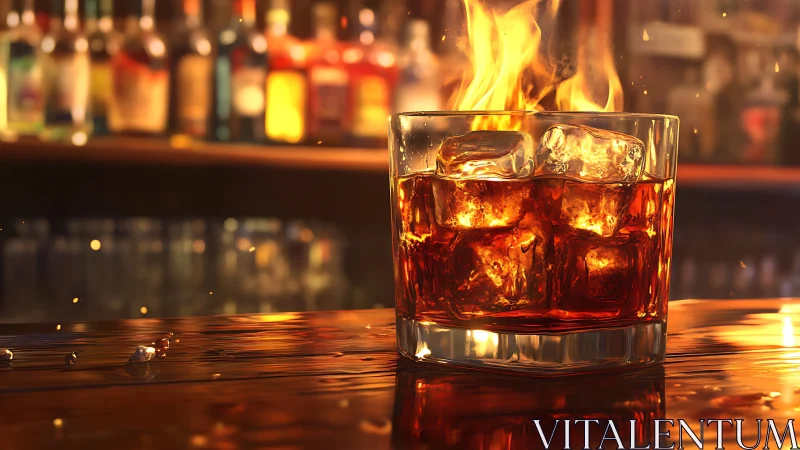 Flaming Cocktail on Bar Counter at Sunset.