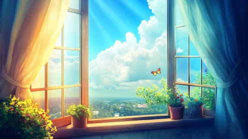 Open window view with potted plants and distant landscape.