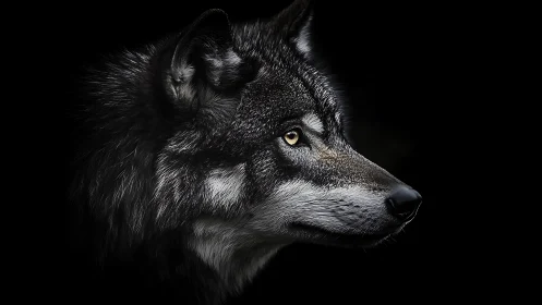 Wolf portrait with intense golden eye on black background.