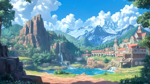 Sunlit academy nestles beneath crystal mountain peaks.
