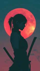 Silent kunoichi silhouette contemplates beneath a crimson moon