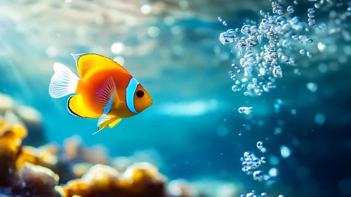 Bright clownfish drifting through sunlit underwater bubbles.