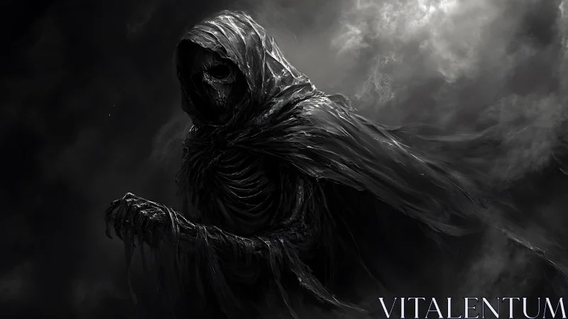 Hooded skeletal wraith emerges from swirling shadowed mist