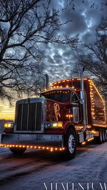 Festive red semi truck glows against a dramatic winter sky.