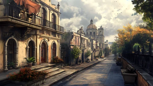 Sunlit neoclassical street with distant cathedral rendered realistically