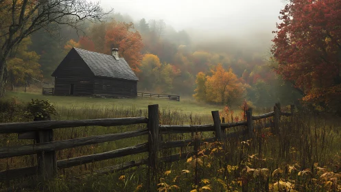 Rustic log cabin in misty autumn meadow with receding fence line