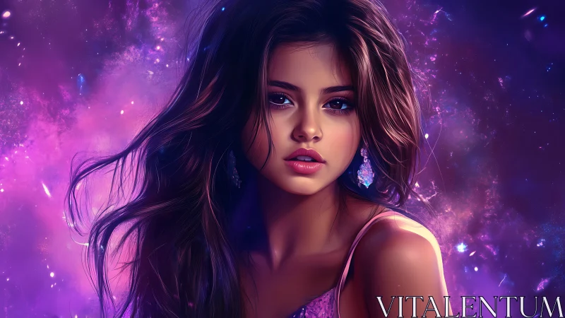 Celestial portrait of young woman amid luminous nebula glow