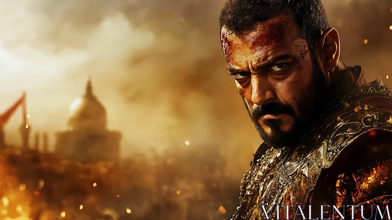 Battle-hardened warrior in ornate armor amid burning citadel