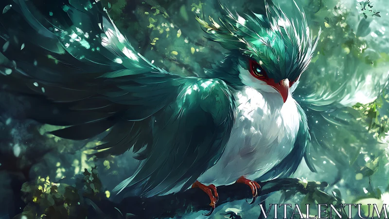 Majestic Fantasy Bird with Emerald Plumage in Lush Forest, Digital Art.