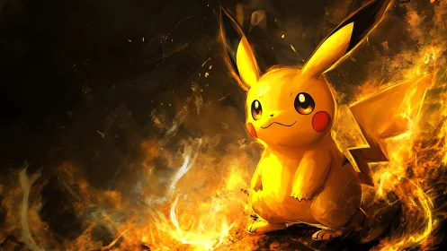 Electric creature amid blazing orange abstract flames.