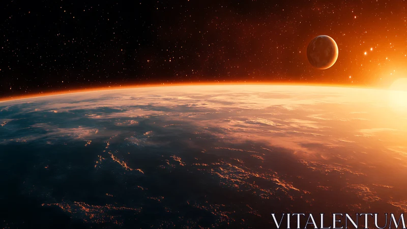 Sunrise over a quiet planet with a glowing distant moon.