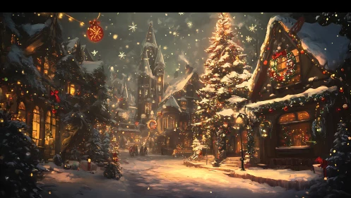 Snow-lit Christmas village street renders festive nocturne