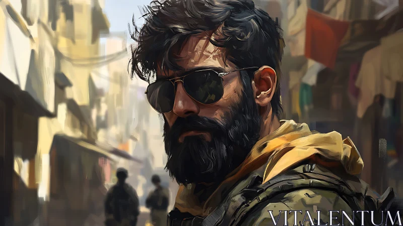 Rugged bearded operative stalking sunlit alley shadows.