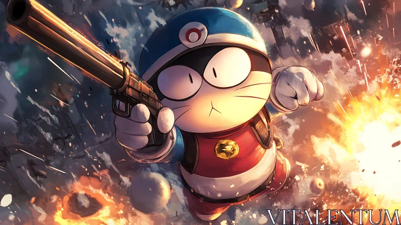 Blaster hero cat rockets through fiery anime chaos skies.
