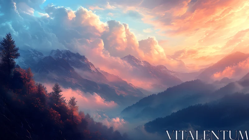 Sunlit mist over fantasy mountains at dramatic dawn.
