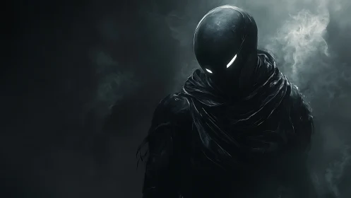 Shadowed alien figure emerges from dense monochrome fog