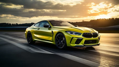 Sunlit lime green sports coupe glides across open racetrack