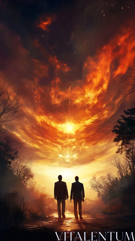Two suited figures under apocalyptic phoenix-shaped fire sky
