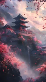 Vertical mountain pagoda amid cascading sakura atmosphere.
