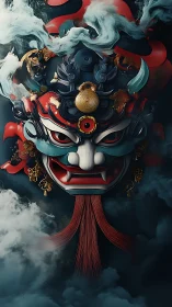 Storm-tongued dragon mask breathing ribbons through clouds.