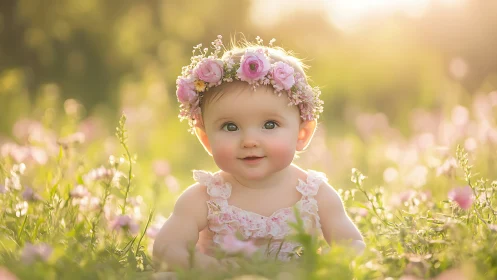 Digital portrait of infant with synthetic floral crown in naturalistic setting