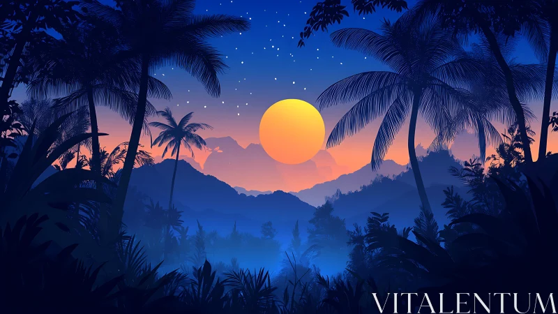 Moonrise over cobalt jungle dreams and misty horizons.
