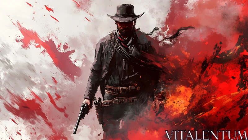 Silhouetted gunslinger emerges through dynamic red splatter field