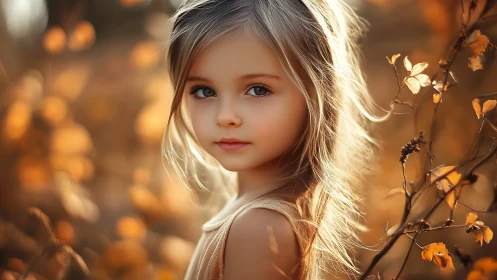 Young girl in golden autumn light with dried flowers.