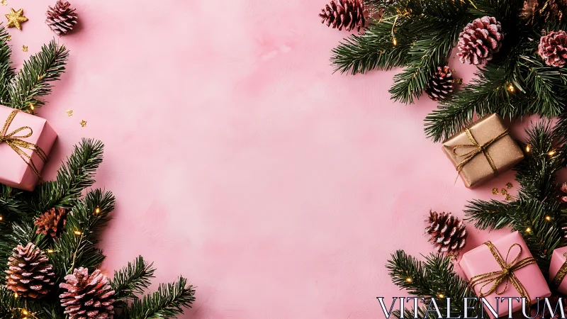 Pink Christmas border frames festive gifts and pinecones