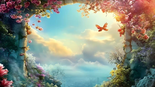 Luminous floral archway framing azure sky and soaring bird.