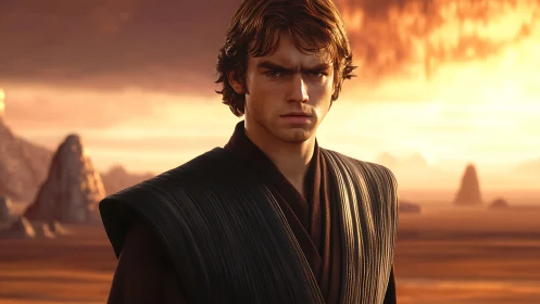 Brooding warrior stands against molten desert sunset sky.