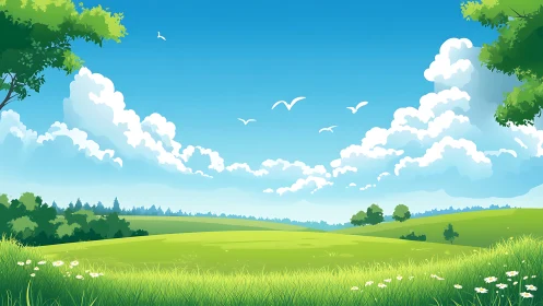 Vector-precise pastoral landscape under cumulus cloud band.