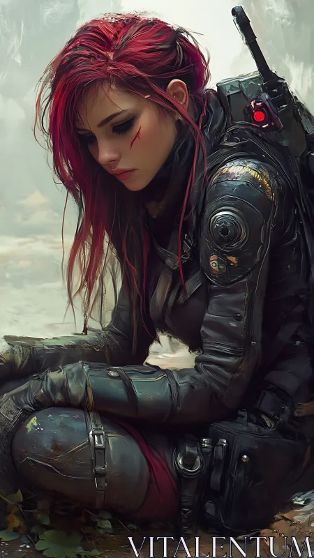 Quiet moment with a red haired cyberpunk warrior in black armor.