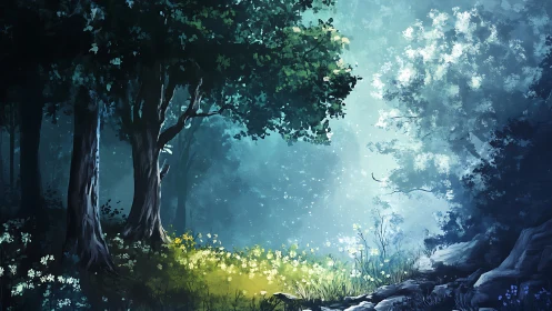 Luminous Forest Path with Ancient Tree and Misty Light.