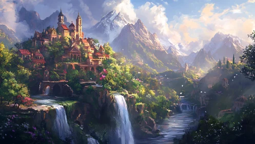 Mountain citadel overlooks cascading river valley kingdom.