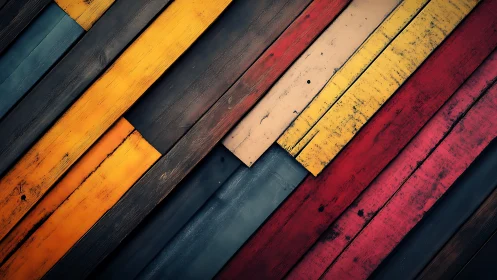 Diagonal painted planks with bold rustic color blocks.