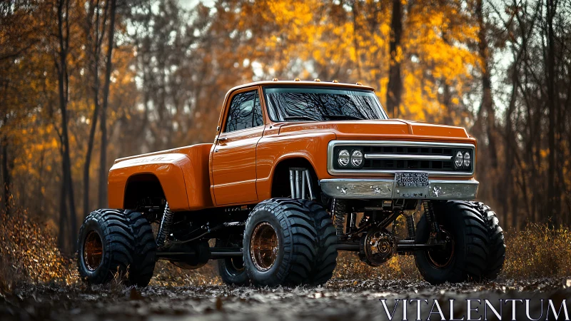 Photorealistic lifted classic truck in autumn woodland setting.