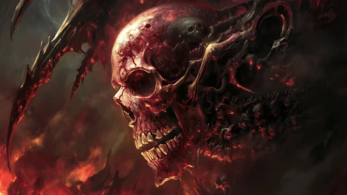 Burning demonic skull erupts from swirling infernal smoke