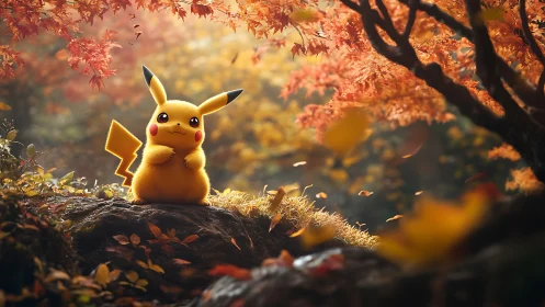 Pikachu sits on a mossy rock beneath dense autumn foliage