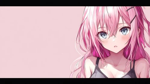 Soft-lit anime portrait shows pink-haired girl with wide eyes