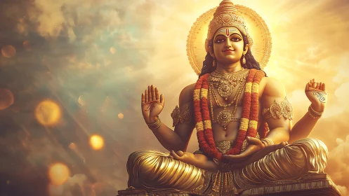 Seated Hindu deity statue with garlands and golden halo.