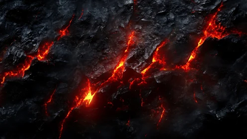 Lava flows through fractured volcanic surface with luminous pathways.