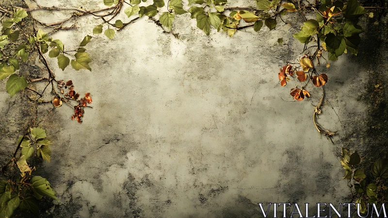 Weathered wall framed by autumn vine foliage decoratively.